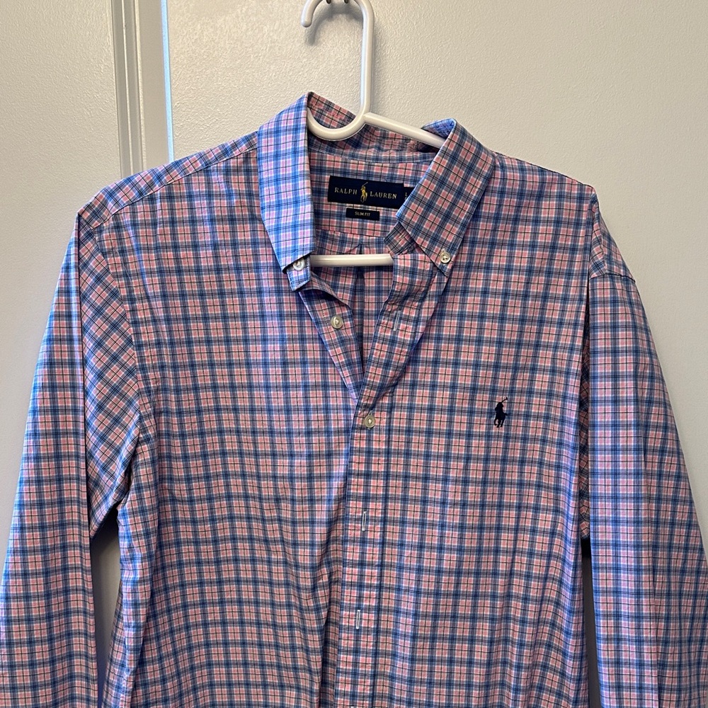 Ralph Lauren Men's Pink and Blue Plaid Shirt